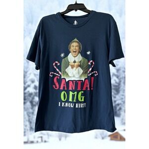 Elf Movie Santas Coming OMG I know Him Short Sleeve Crew Blue Shirt Size Large L